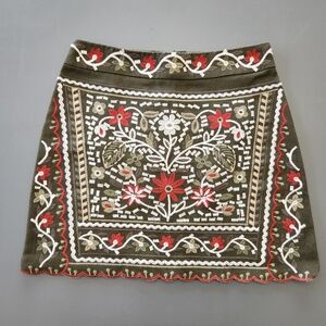 Blue Rain Womens XS Olive Green Embroidered Mini Skirt Boho Floral Folk Women’s